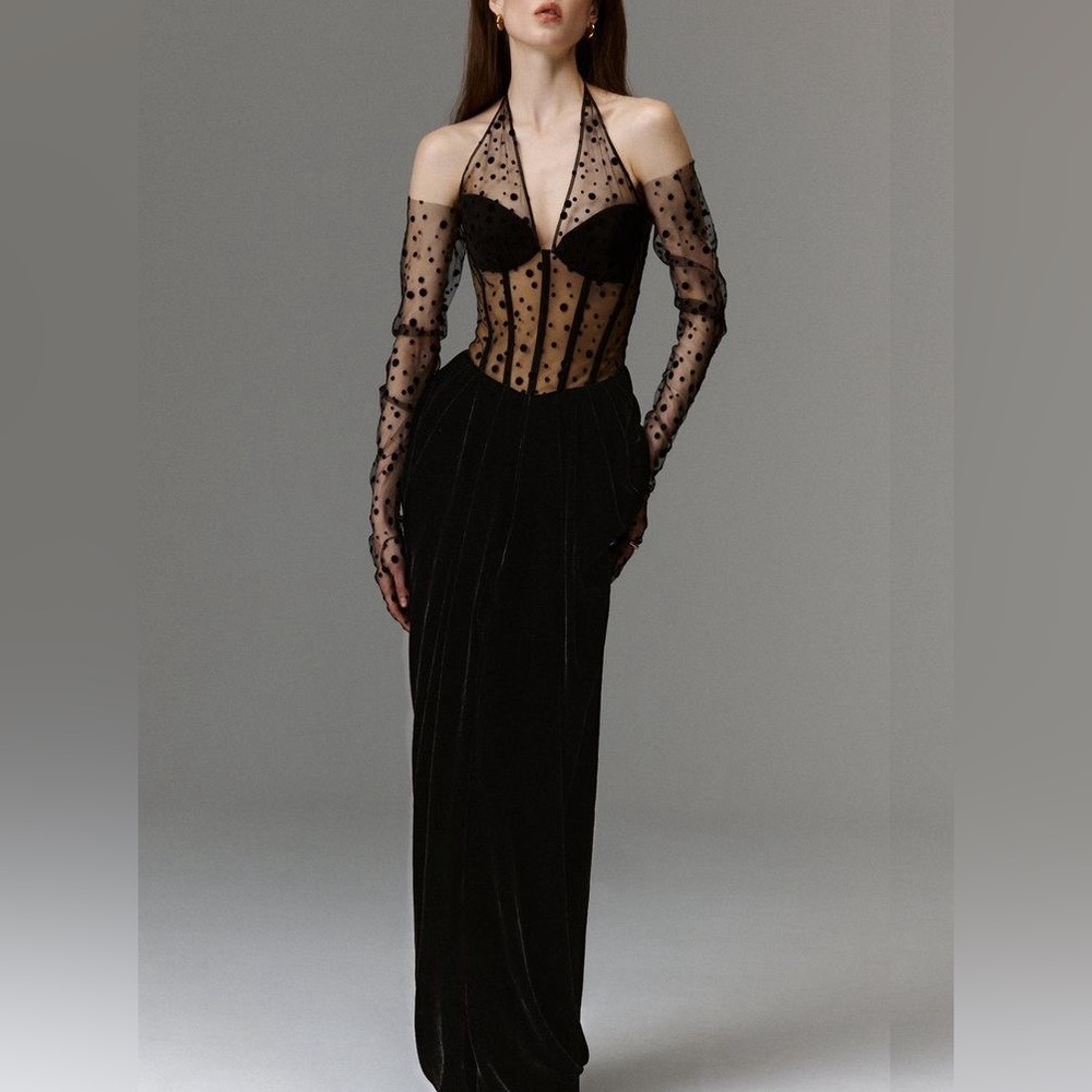 Rasario NWT Silk & Velvet Polka Dot Gown